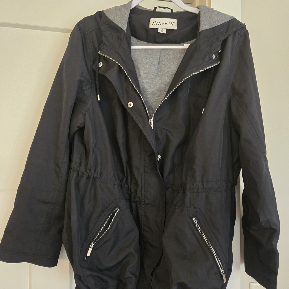 Ava & Viv Woman's Black Raincoat/Spring Jacket with Hood Size 1X